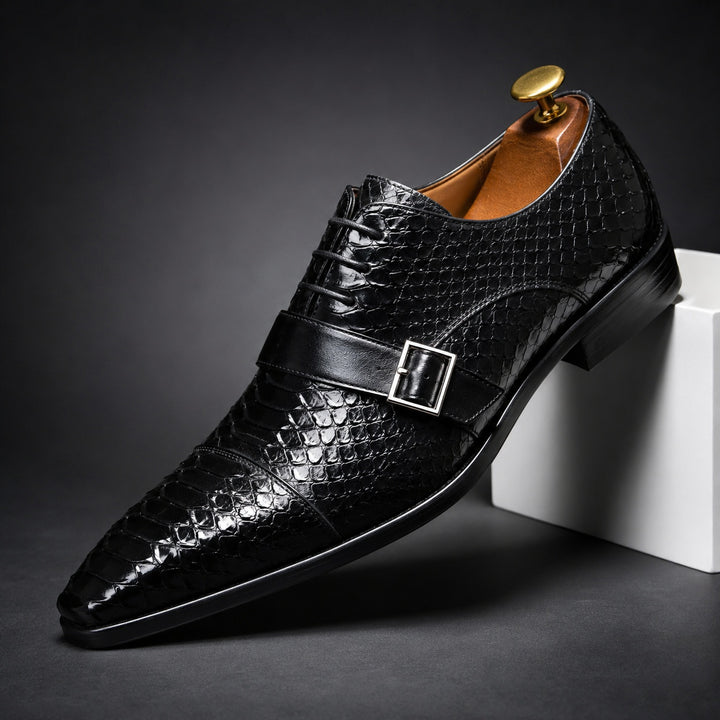 Serpente Python-Embossed Monk Shoes — ce_angle_01